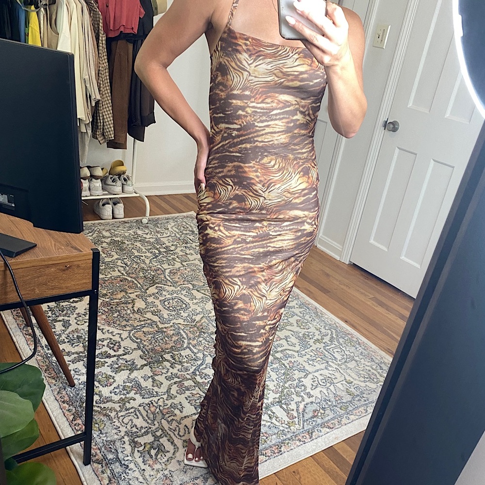 Brown Fitted Maxi Dress Spaghetti Strap